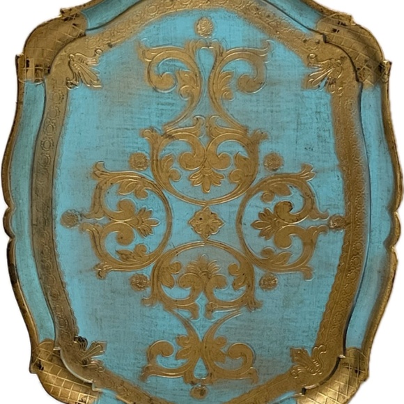 Vtg Florentine Italian Wood Guilded Toleware Tray Turquoise/Gold 22 ¾"L x 14.5"W - Picture 1 of 6